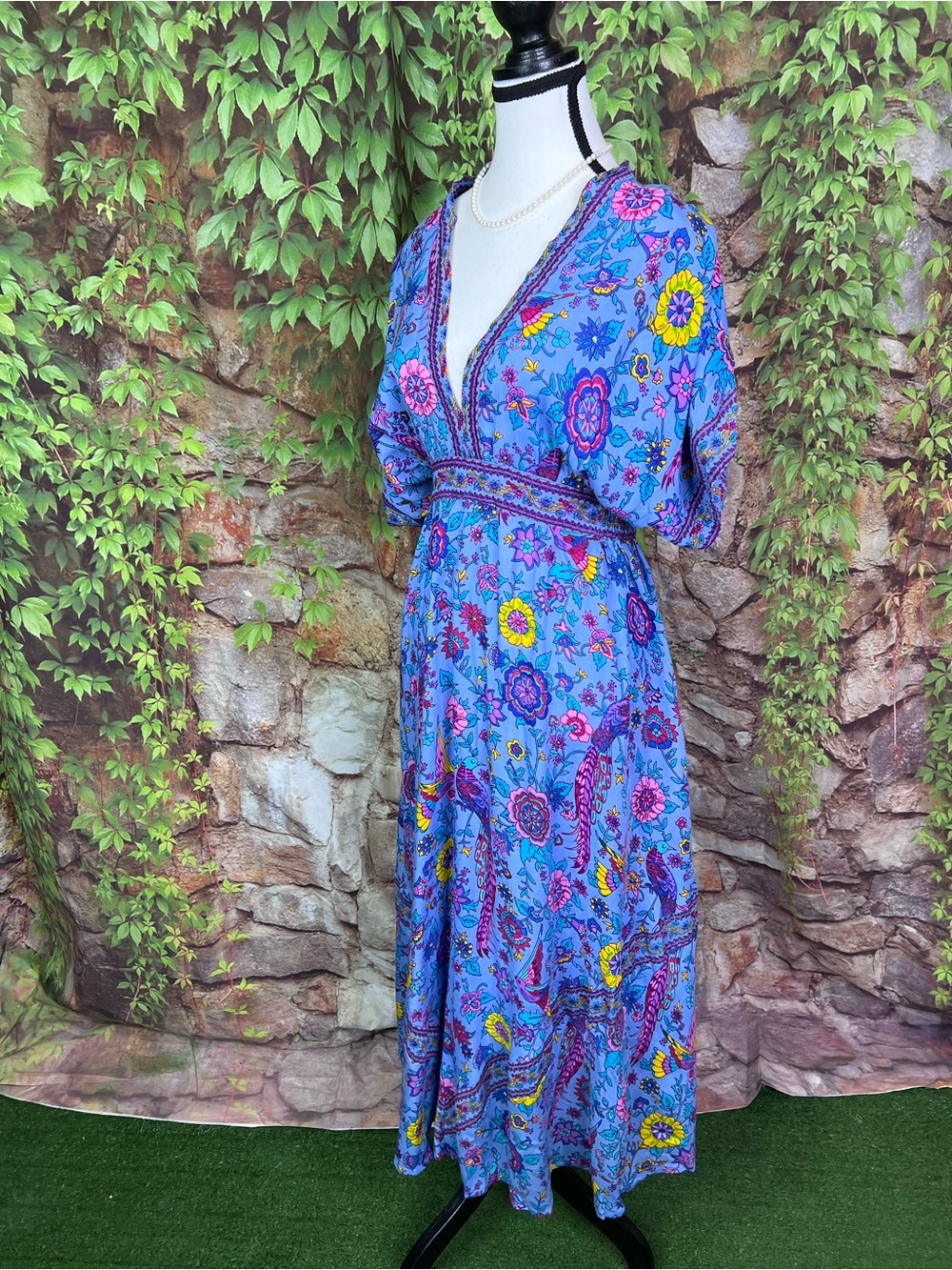 FABRIK Blue Bohemian Floral Tasseled Maxi Dress with Kimono Sleeves, S - Picture 5 of 13